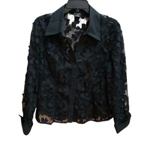 Tribal Black Floral Textured Button Down Shirt Womens Size 10 Sheer  Long Sleeve
